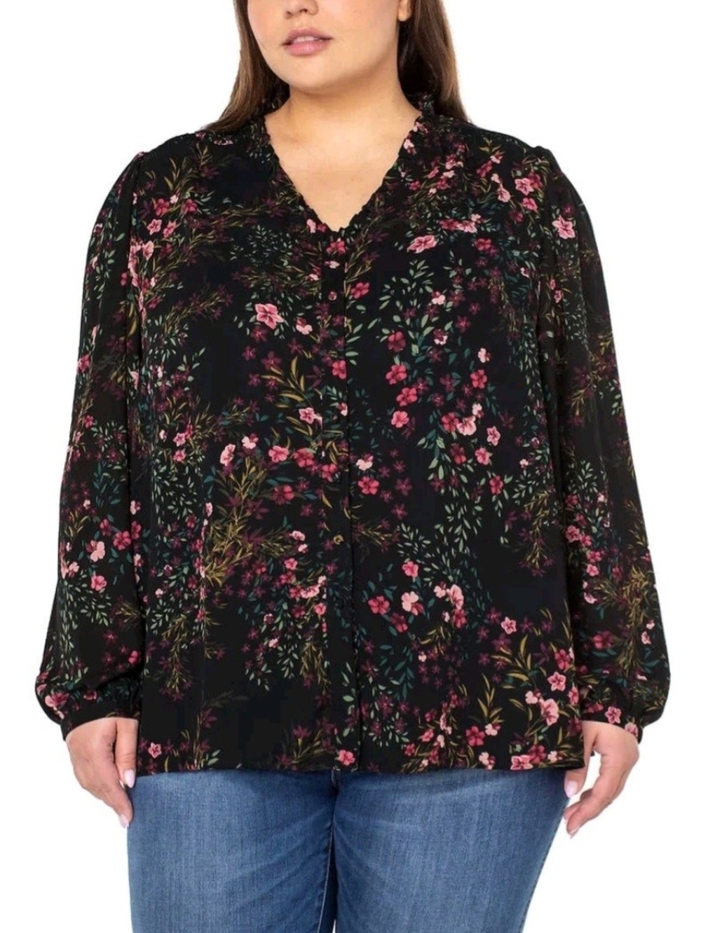 Well Worn Womens Size 2X Black Midnight Meadows Long Sleeve Blouse